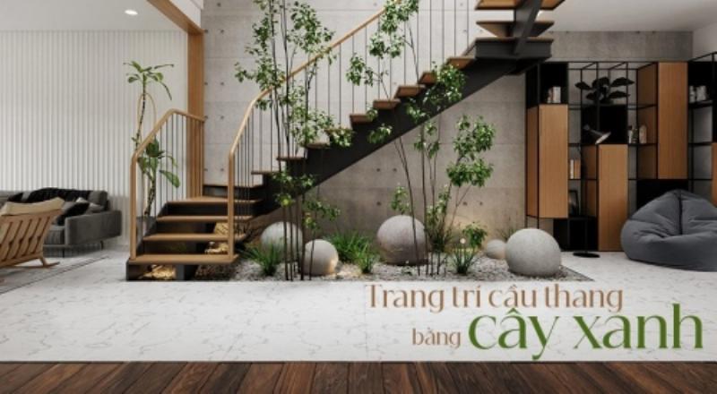 Cách trang trí gầm cầu thang đơn giản với cây xanh, đèn và đồ decor